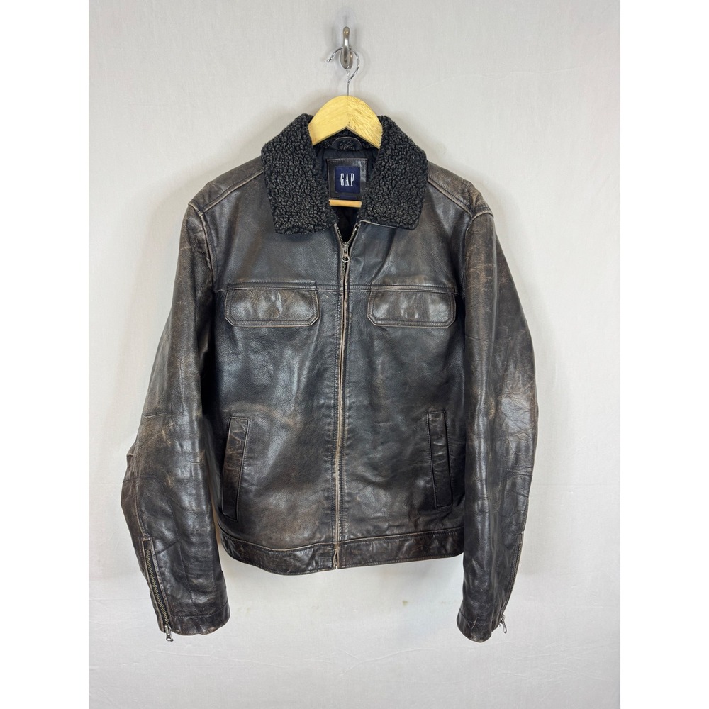 GAP 90s Mens Vintage Distressed Brown Cow Leather Sherpa Collar Bomber Jacket M